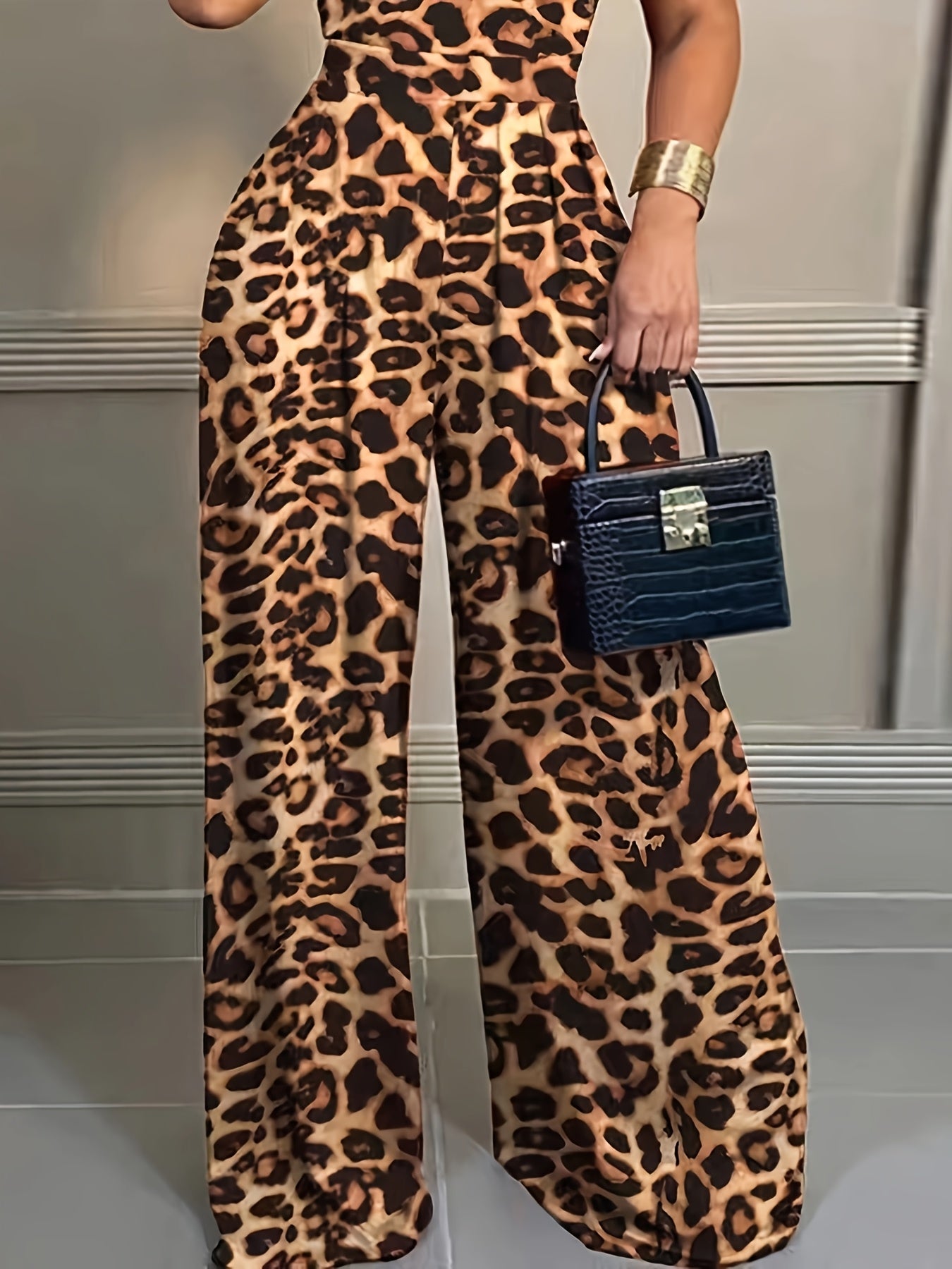 Women'S Elegant Leopard Print Strapless Jumpsuit - Polyester, Knit Fabric, All-Season Versatile, Perfect for Adult Fashion, Stylish Accessories | Modern Fashion Jumpsuit | Knit Construction
