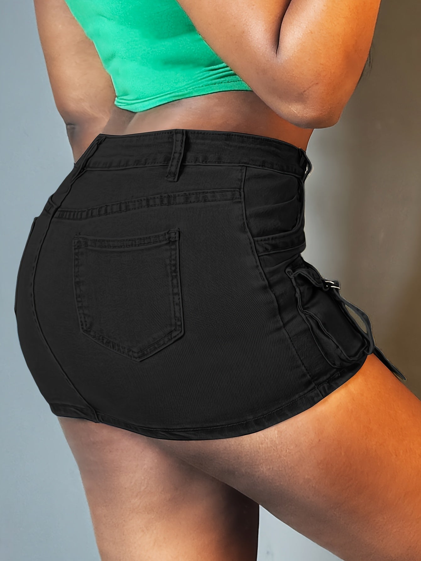 Women's Y2K Style Low-Rise Mini Denim Skirt - High Stretch, Button Fly with Pockets, Olive Green, Sexy & Functional Design for Summer, Mini Skirt