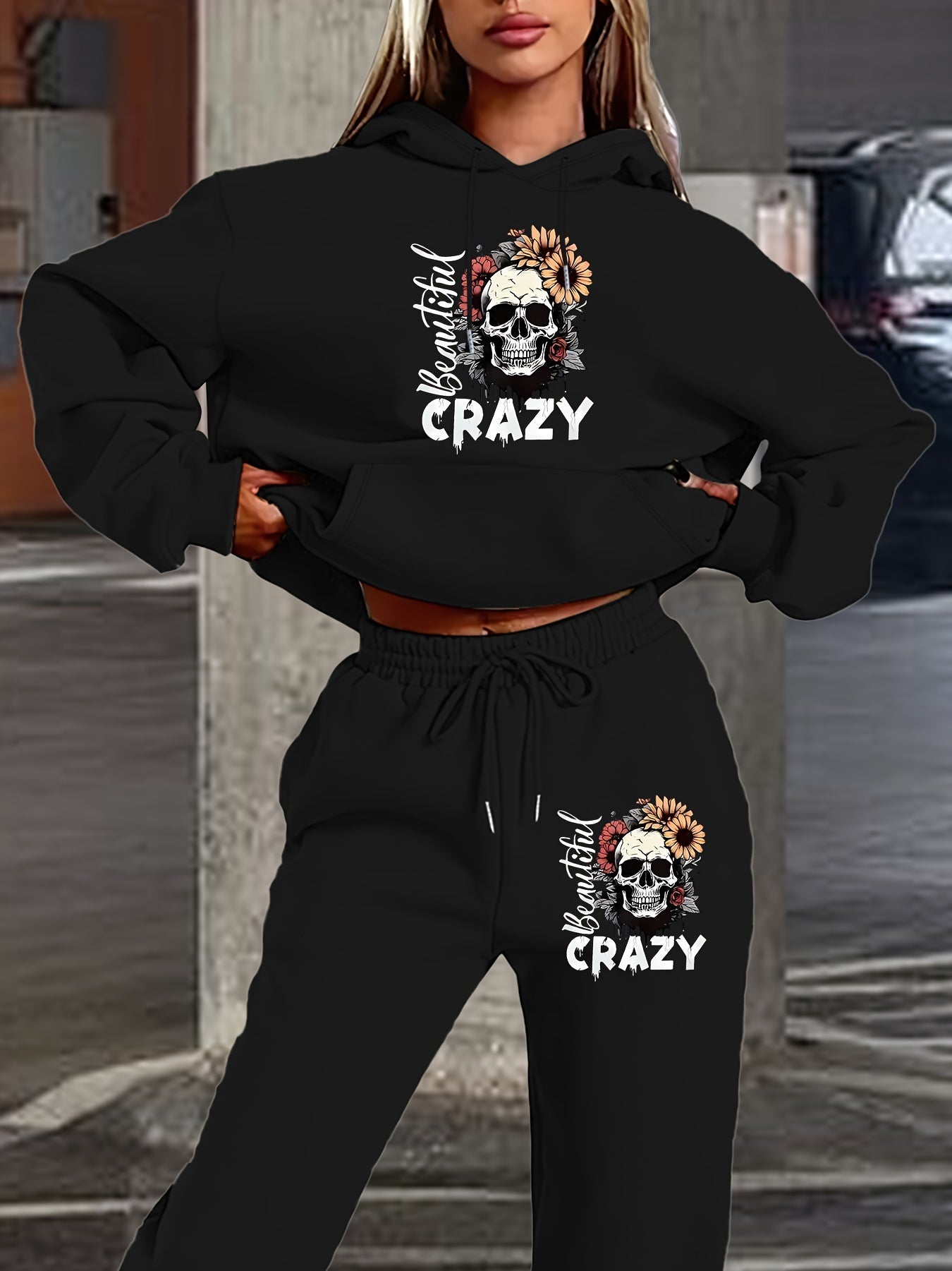 Women's 2024 New Skull Letter Print Hoodie and Pants Set, Casual Polyester Knit Sweatshirt with Drawstring Hood, Geometric Pattern, Pocket Detail, Autumn/Winter Fashion Outfit