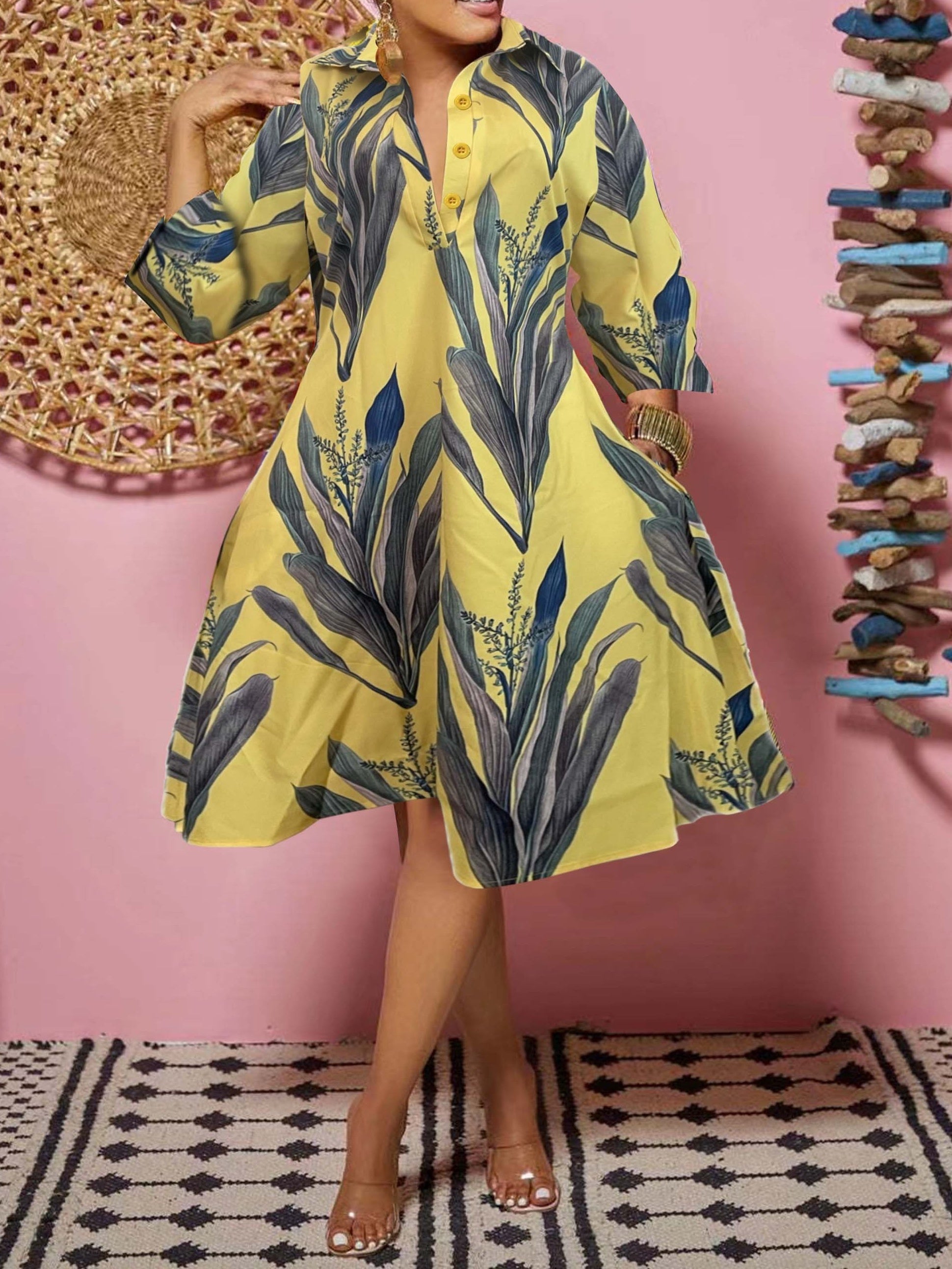 Floral Button-Down Midi Dress with Long Sleeves, Women's Casual Dress