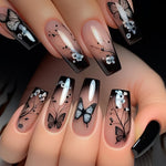 Show Your Beauty 24pcs Medium Ballet Nails Classic Retro Black Gradient Trees Flowers Butterflies Glossy French False Nails Fashionable and Versatile Wearable Nails Suitable for Women and Girls Daily Wear Removable Press-on N