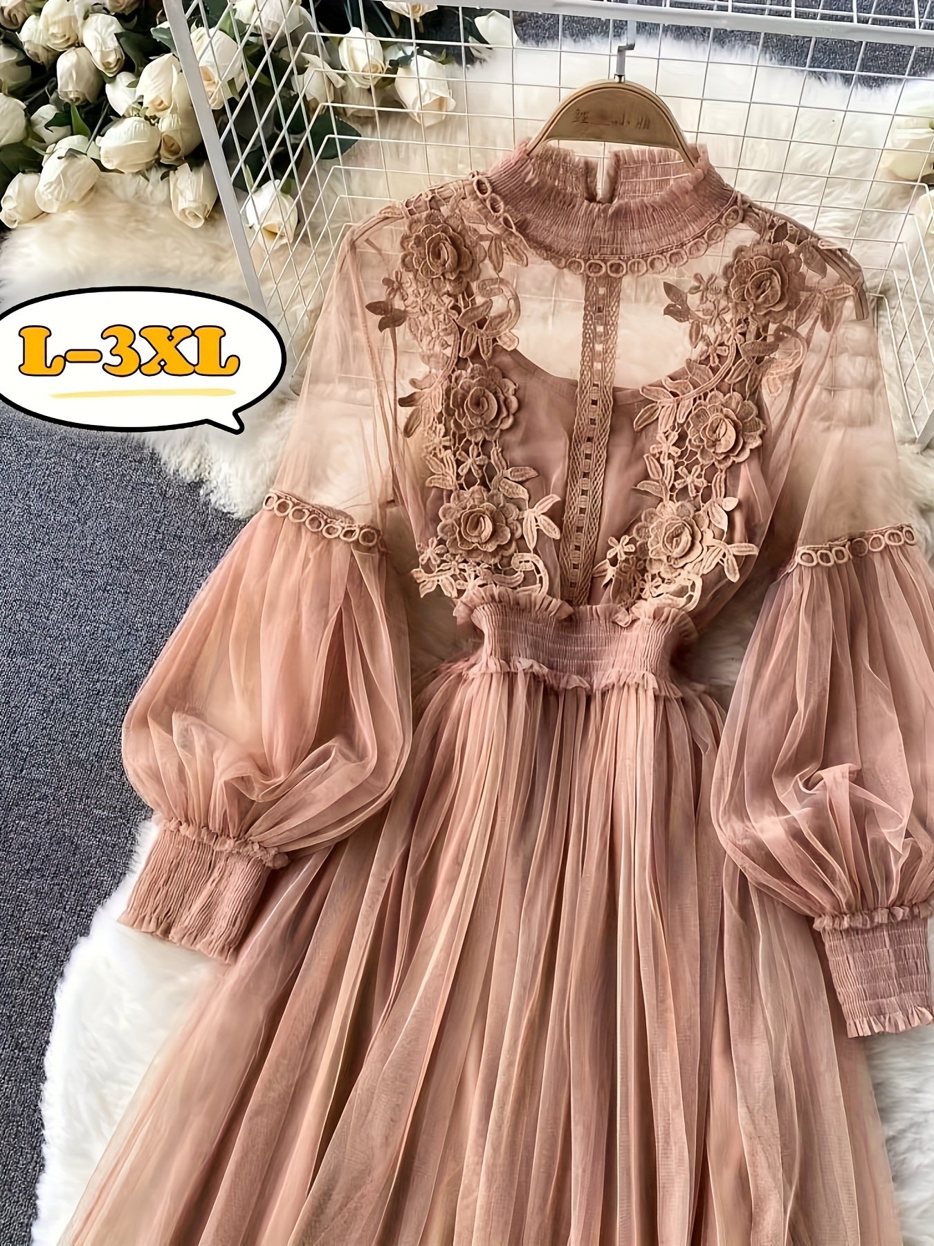 Plus Size Dresses Women'S Fashion Three-dimensional Flower Collage Sheer Mesh Balloon Sleeve Slim Long Dress Light Luxury Design Sense Women'S Chiffon Lace Shirt Suspender Base Shirt, Luxury Gift For Women