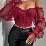 Sexy Red Lace Off-Shoulder Top with Floral Pattern - Short Sleeve, V-Neck, Polyester, Spring/Summer Fashion, Elegant Necklace, Fashionable Top|Floral Lace Top|Polyester Fabric
