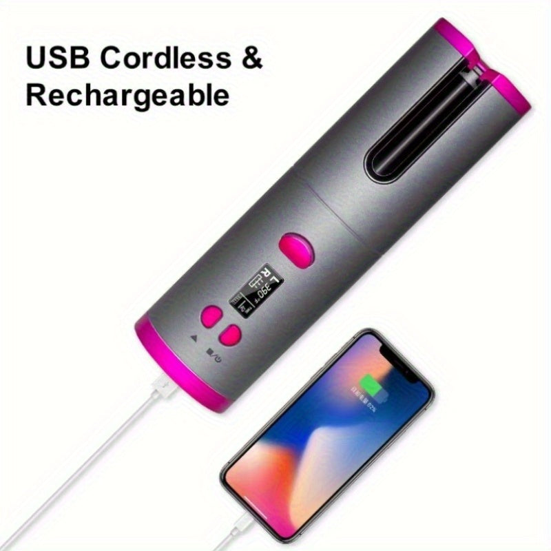 Portable Wireless LCD Display Rechargeable Ceramic Heating Antiperm Hair Curlers Automatic Electric Power Source Curling Irons