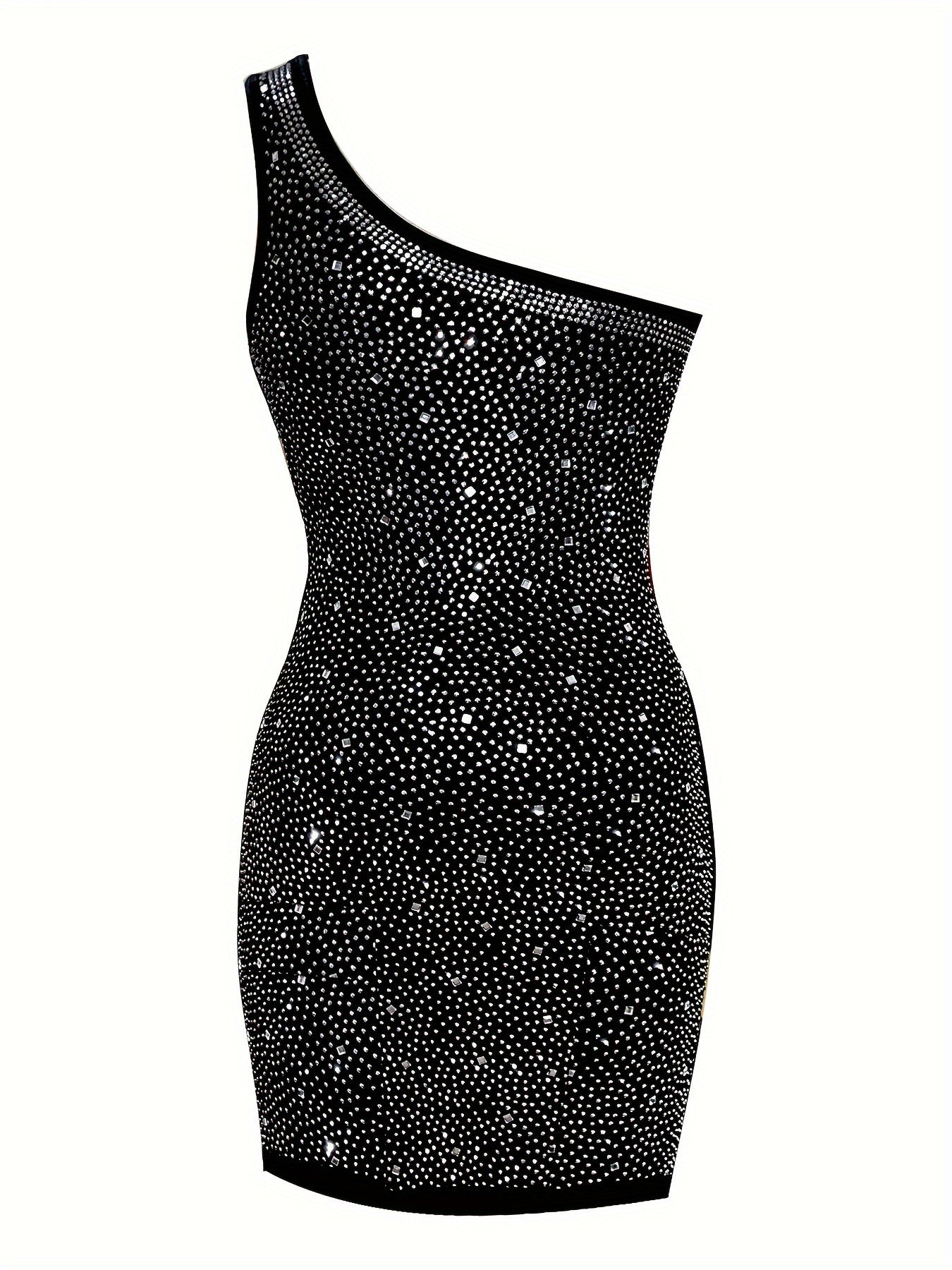 Shiny Rhinestone Sheer Mesh Panel Dress, Sexy & Charming One Shoulder Sleeveless Bodycon Dress For Party & Banquet, Women's Clothing
