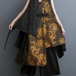 1pc Elegant Plus Size Golden Dragon Print Sleeveless Kimono Cardigan - Casual Polyester Woven Outerwear with Asymmetrical Hem and Criss-Cross Neck Design