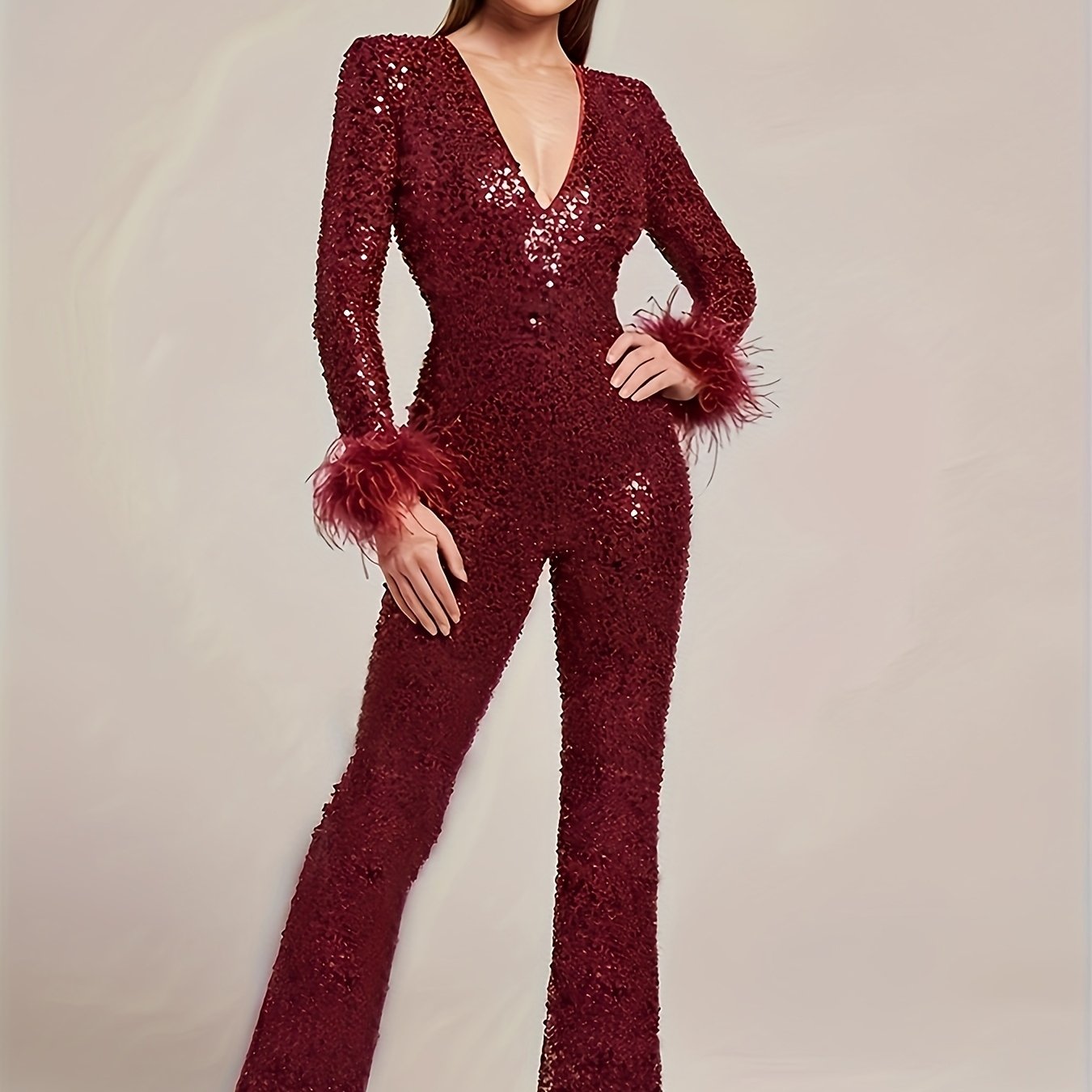 Women's Elegant Black Sequin V-Neck Jumpsuit with Details - Sleeve Flared Leg Party Outfit for Fall/Winter, Glittery Polyester Blend, Hand Wash Only