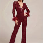 Women's Elegant Black Sequin V-Neck Jumpsuit with Details - Sleeve Flared Leg Party Outfit for Fall/Winter, Glittery Polyester Blend, Hand Wash Only