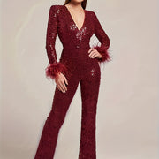 Women's Elegant Black Sequin V-Neck Jumpsuit with Details - Sleeve Flared Leg Party Outfit for Fall/Winter, Glittery Polyester Blend, Hand Wash Only