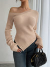 Women'S Elegant Khaki Off-Shoulder Pullover Sweater, Viscose & Polyester Blend, Asymmetrical Neck, Solid Color, Knit Fabric, All Seasons, 236g/m² Weight