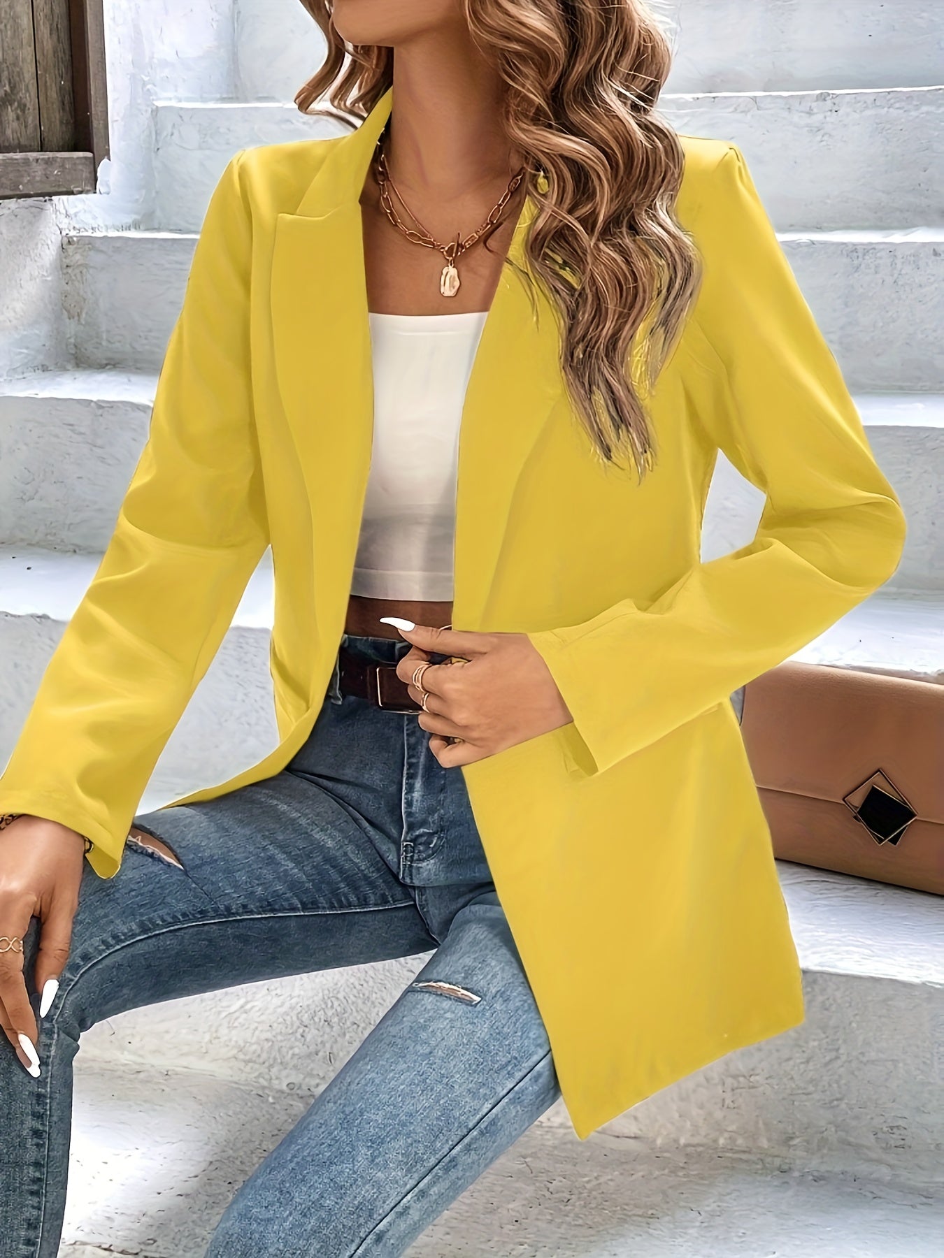 Button Front Notched Lapel Blazer - Elegant Long Sleeve Blazer For Office & Work - Women's Clothing - Suitable for Business & Formal Occasions - Perfect Gift for Women