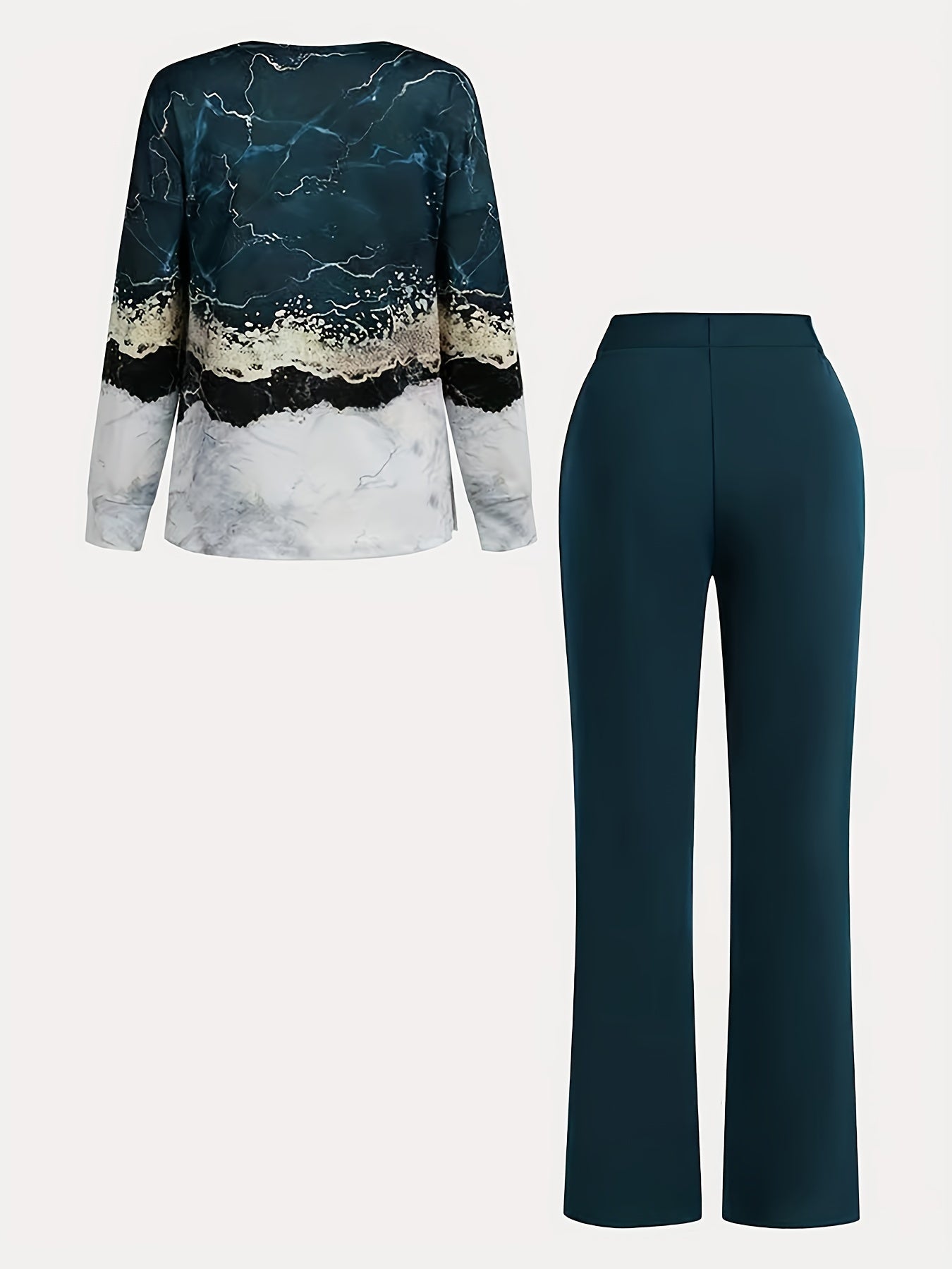 [Printed Two-piece Set] Two-piece Set - V Neck Long Sleeve Top & Wide Leg Pants Outfits - All Over Print, Women's Clothing
