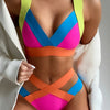 Women'S High Stretch Color Block Bikini Set - European & American Style Triangle Cross Strap Swimsuit with Neon Green, Pink, Blue, Orange Bandeau Top & High-Waisted Bottoms