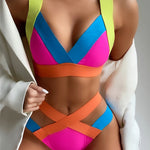 Women'S High Stretch Color Block Bikini Set - European & American Style Triangle Cross Strap Swimsuit with Neon Green, Pink, Blue, Orange Bandeau Top & High-Waisted Bottoms