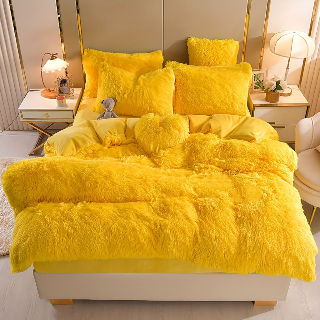 4pcs Queen/King Size Comforter Set | Fluffy Plush Velvet Bed Comforter Sets (1 Duvet+2 Pillowcases+Sheet) | Ultra Soft Thermal All-Season Luxury Bedding for Bedroom, Dorm & Guest Rooms | Queen Size Comforter Set & King Size B