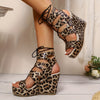 3.94inch High Heel, Leopard Print Platform Sandals with Lace-Up Straps - Open Toe, Synthetic Upper, Waterproof, Stylish Women'S Footwear, High Heel Sandals|Leopard Print Design|Laceup Straps, Leopard Print Shoes