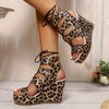 3.94inch High Heel, Leopard Print Platform Sandals with Lace-Up Straps - Open Toe, Synthetic Upper, Waterproof, Stylish Women'S Footwear, High Heel Sandals|Leopard Print Design|Laceup Straps, Leopard Print Shoes