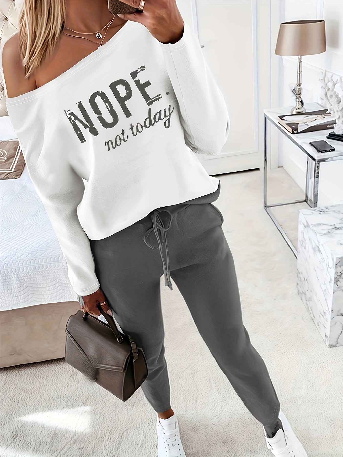 Two-piece Set: Nope Not Today Print Long Sleeve Top & Solid Drawstring Pants Outfits for Women, Casual Spring & Fall Clothing