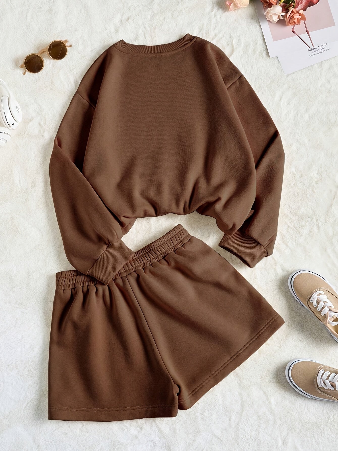 Women's Crew Neck "California" Graphic Sweatshirt and Drawstring Waist Shorts Set, Casual Sporty Loungewear Outfit