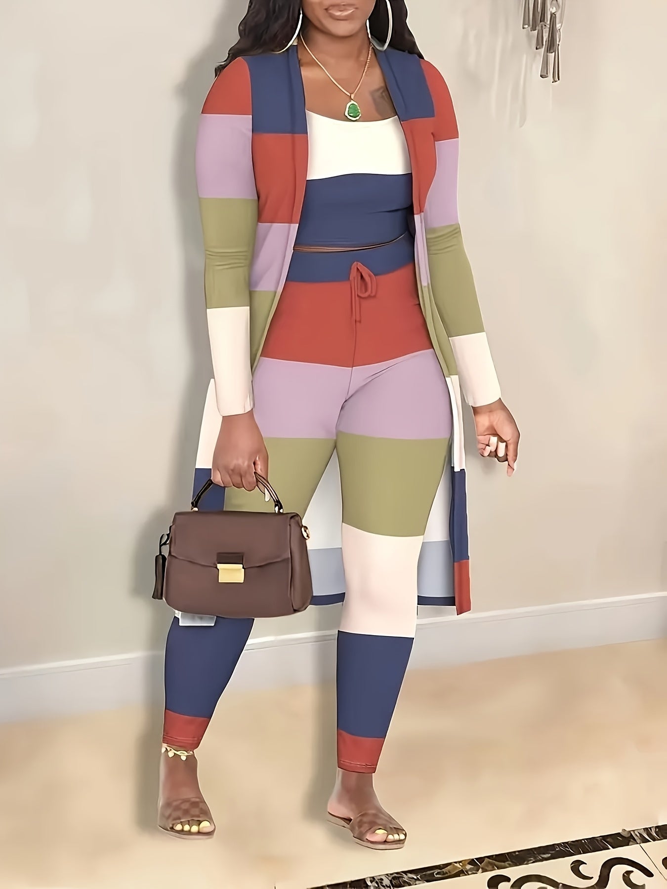 Three-Piece Set with All-Over Print, Featuring a Cropped Tank Top, Fitted Pants, And a Long-Sleeve Cardigan, Women'S Clothing, Sleepwear.