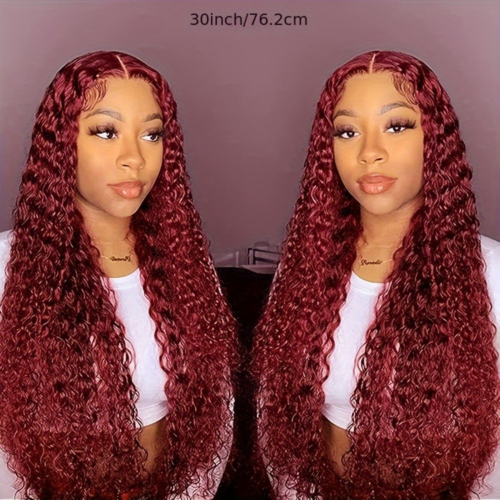 Kinky Curly Lace Front Wigs Synthetic Burgundy 13x4x1 T Part HD Transparent Lace Long Afro Curly Bouncy Hair 30 Inch Natural Wine Red Color Hair Heat Friendly For Women Girls Party Daily Makeup Use Ready To Wear 180% Full Den