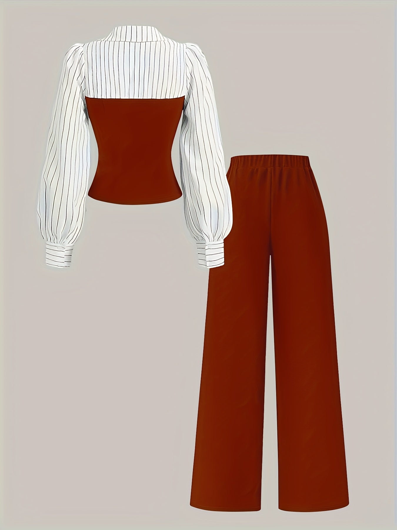 Women's Casual Elegant Two-Piece Set with Color Block Stitched Shirt and Wide-Leg Pants Suitable for All Seasons, Machine Washable, Striped V-Neck Long Pants Outfit, Accessories Not Included