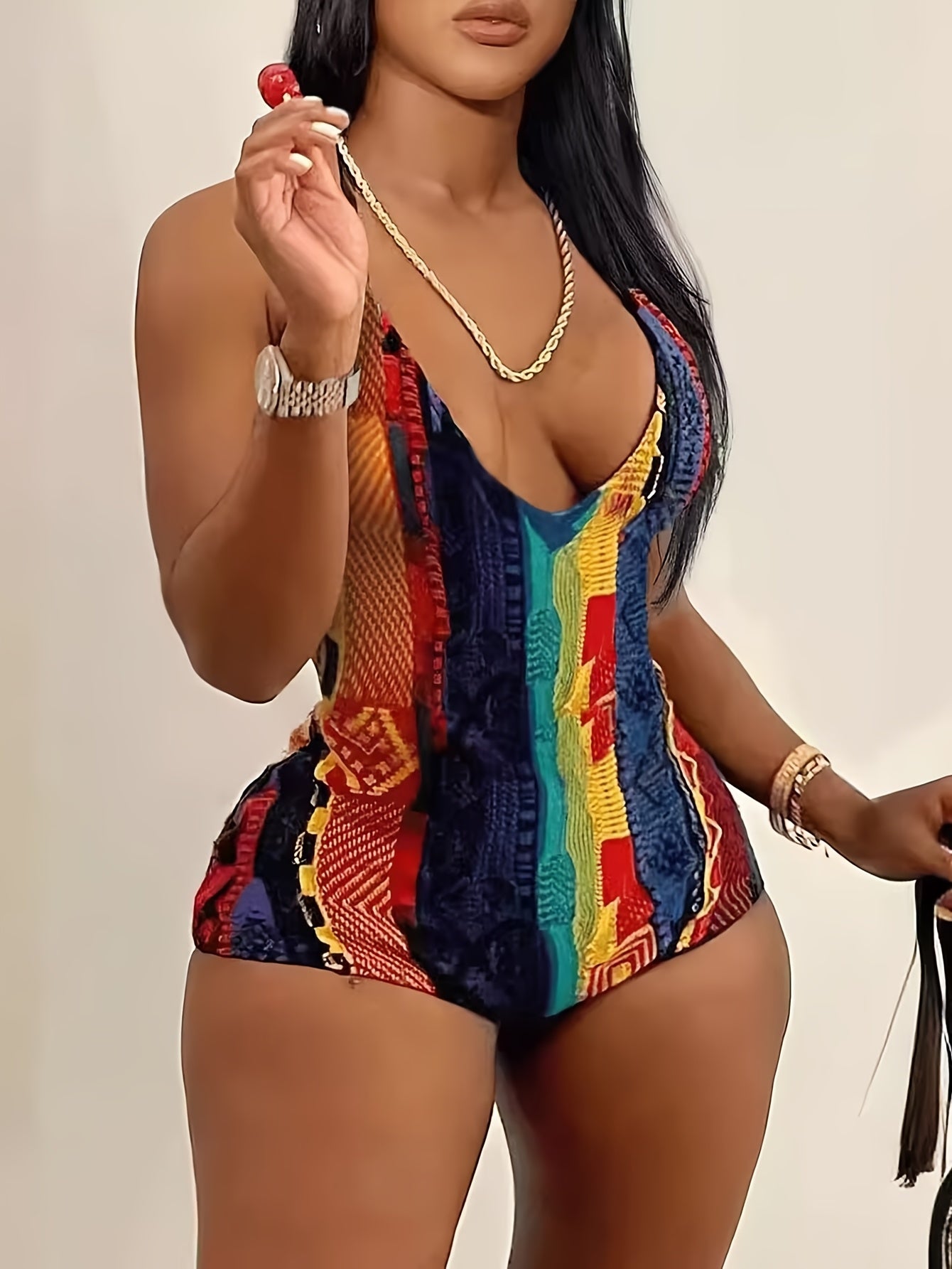 Women's Slimming V-Neck Cami Romper - Colorful Striped Print, Backless Design, Perfect for Beach & Casual Outings, Beach Attire | Slim Fit | Knit Construction