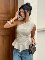 One-Shoulder Pleated Waistline Ruffled Hem Slimming Sleeveless Tank Top
