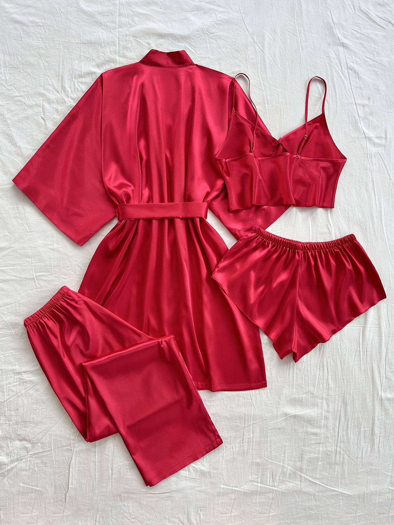 Women'S V-Neck Sexy Comfortable Robe Set with Mini Spaghetti Strap Shorts and Long Pants, Four Pieces