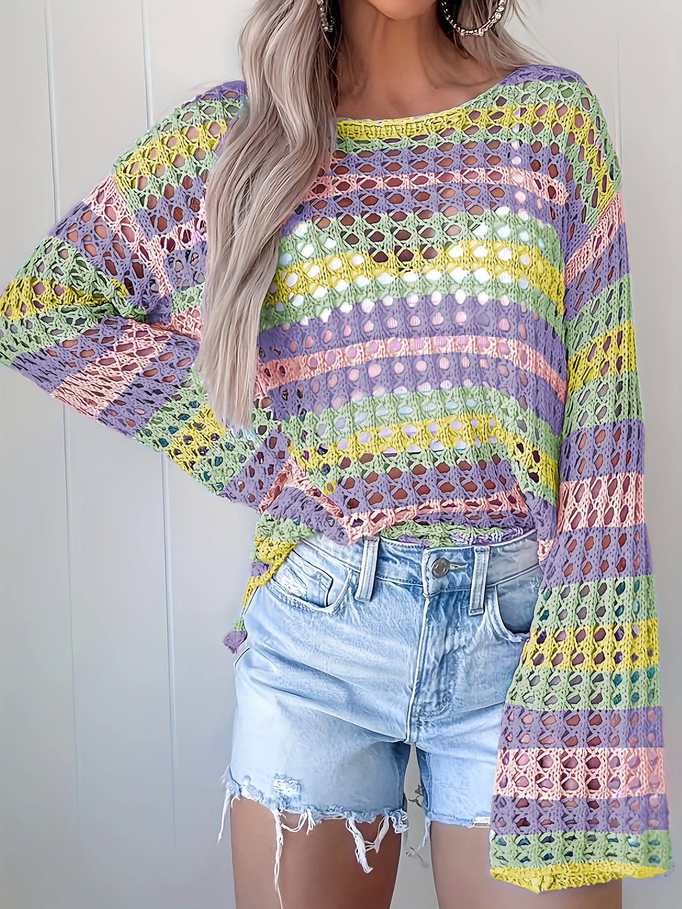 Women's Bohemian One-Shoulder Crochet Cover-Up - Lightweight Lace- Beach Top with Color-Block Design, Short Front & Long Back, Multi-Color Pastel Shades for Spring/Summer Vacation Poolside Casual Wear, Curve Beachwear