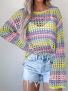 Women's Bohemian One-Shoulder Crochet Cover-Up - Lightweight Lace- Beach Top with Color-Block Design, Short Front & Long Back, Multi-Color Pastel Shades for Spring/Summer Vacation Poolside Casual Wear, Curve Beachwear