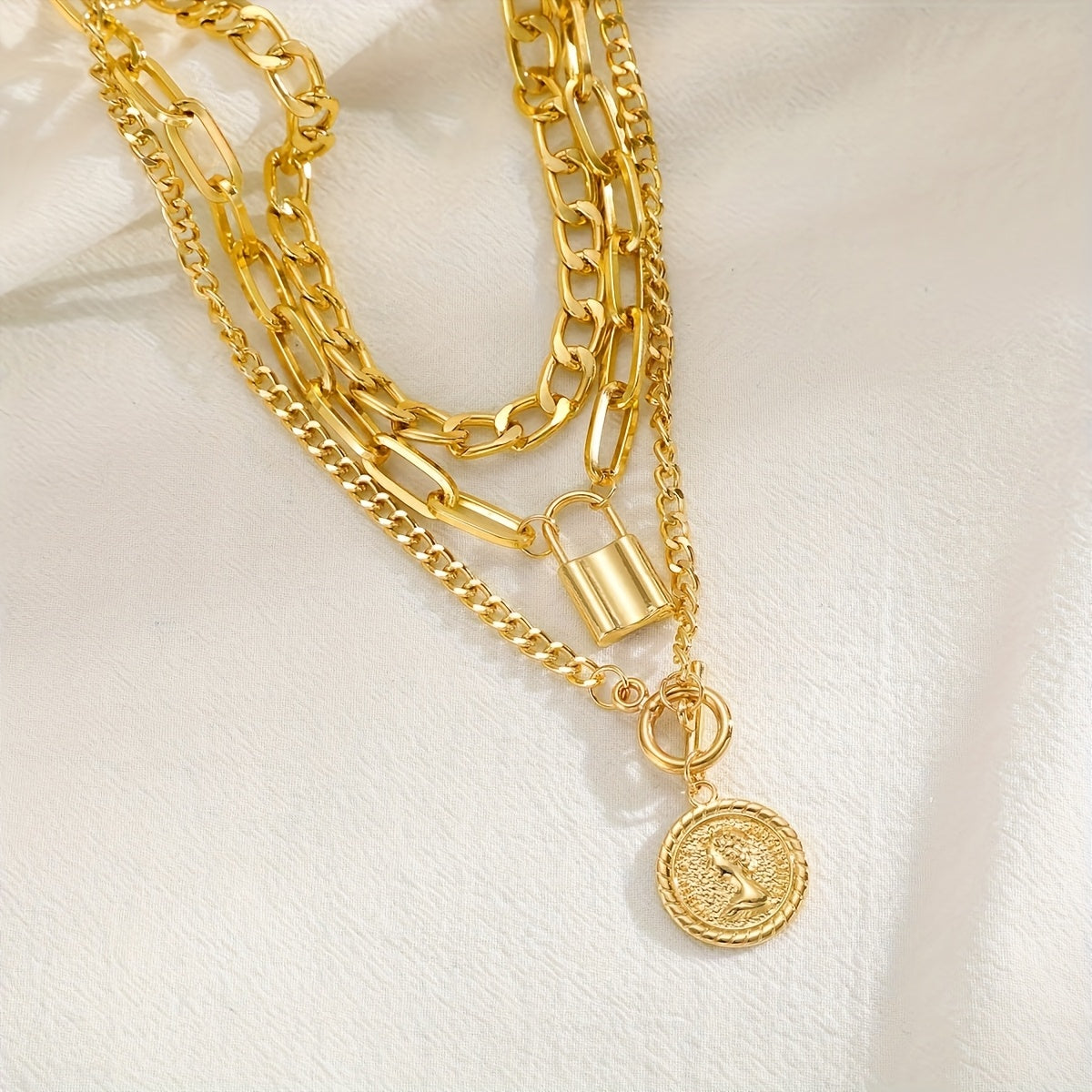 Luxury Golden Multilayer Cuban Chain Necklace with OT Clasp and Portrait Pendant - Women’s Punk Style Layered Jewelry for Casual Attire, Mother’s Day Gift, Pendant Necklace