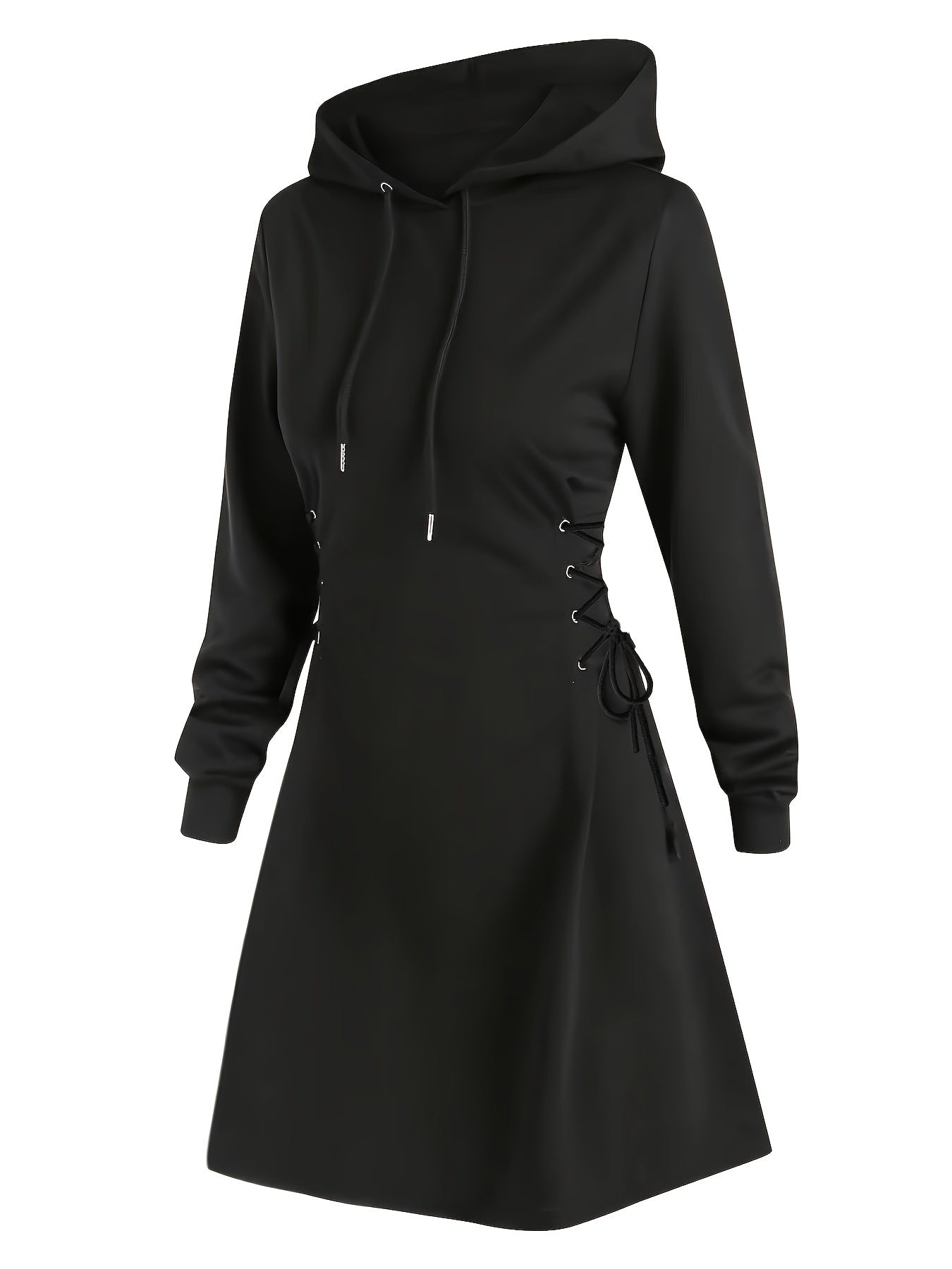 Elegant Hooded Sweatshirt Dress with Drawstring and Knee-Length Skirt - Polyester Knit Fabric, Long Sleeve, Spring/Fall Adult Fashion Dress