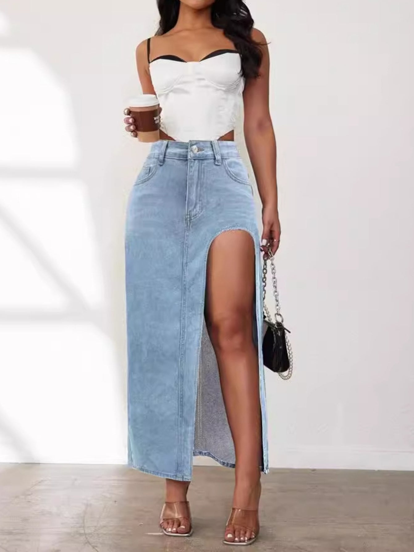 2025 Spring and Summer New Washed Solid Color High Split Half-body Denim Skirt