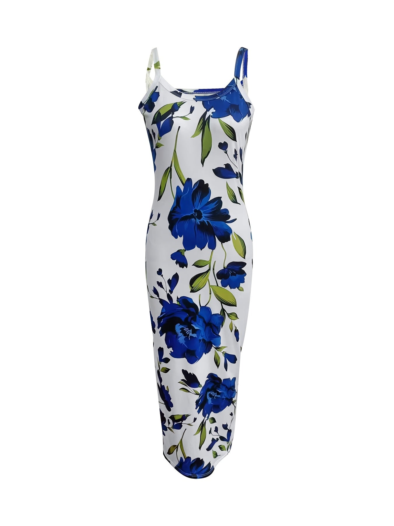 Elegant Floral Print Bodycon Maxi Dress, Polyester Knit Fabric, Crew Neck Sleeveless Long Dress for Women, All-Season, Halter Dress