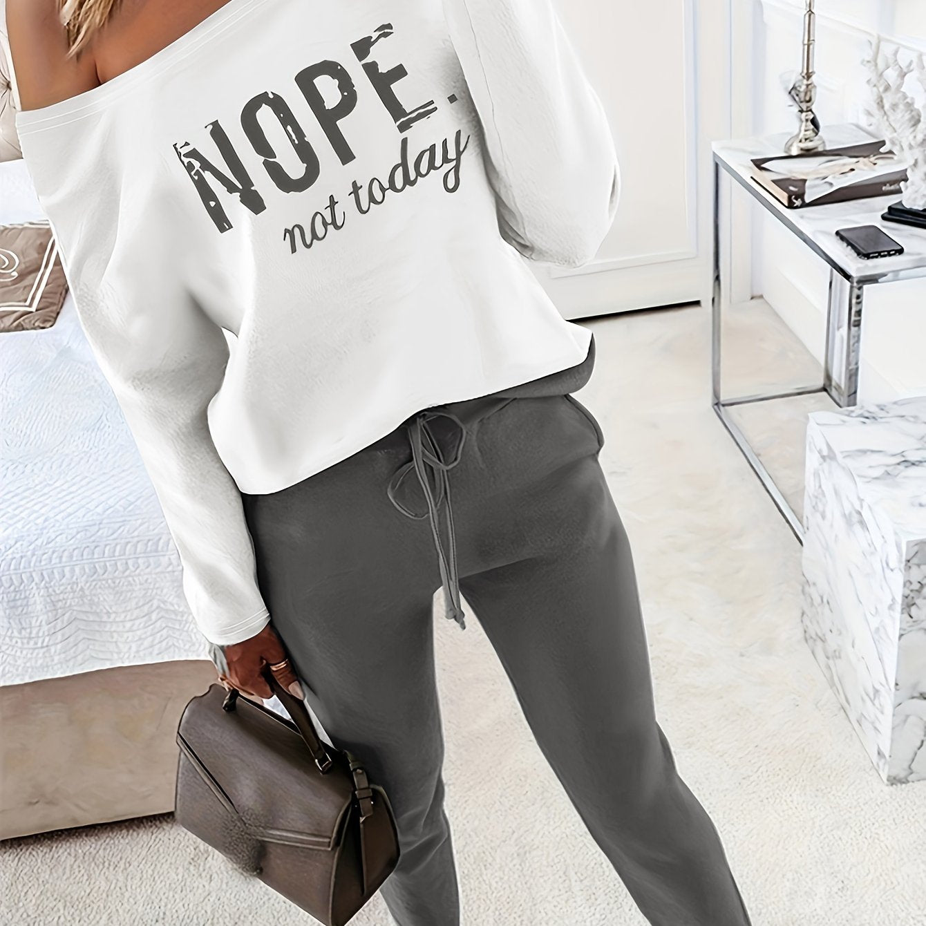Two-piece Set: Nope Not Today Print Long Sleeve Top & Solid Drawstring Pants Outfits for Women, Casual Spring & Fall Clothing