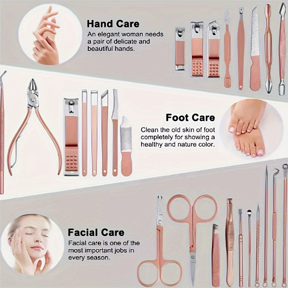 30-Piece Rose Golden Manicure Set: 30-in-1 Nail Clipper Kit With Fingernail & Toenail Clippers, Premium Stainless Steel Clippers, Nail File, Scissors, Tweezers, And Cuticle Remover - Complete Manicure And Pedicure Tools For A