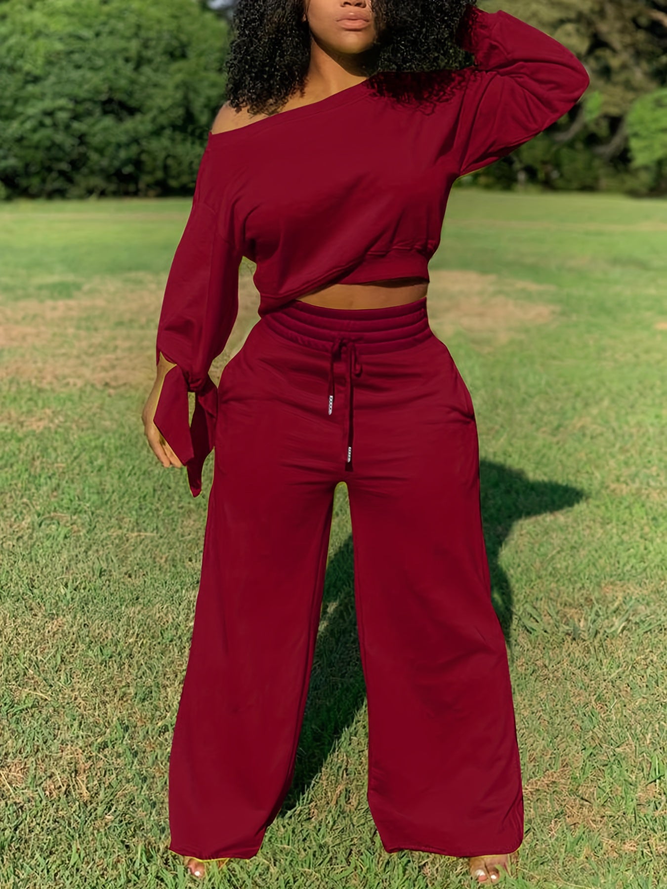Solid Casual Two-piece Set, Slanted Shoulder Long Sleeve Tops & Drawstring Pants Outfits, Women's Clothing