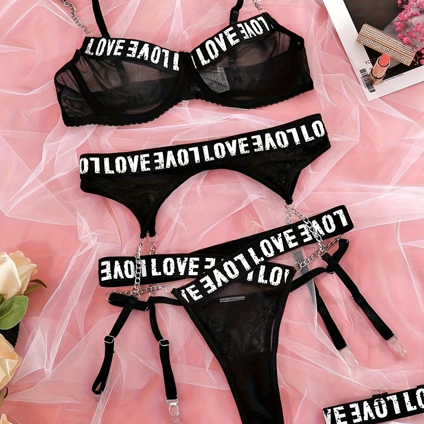Sultry Letter Tape Chain-link Mesh Lingerie Set - Plunge Bra, Thong, and Garter Belt - Women's Sexy Underwear for Confidence Boost