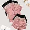 3 Sets Solid Satin Pajama Set, Casual Short Sleeve Buttons Lapel Top & Elastic Shorts, Women's Sleepwear