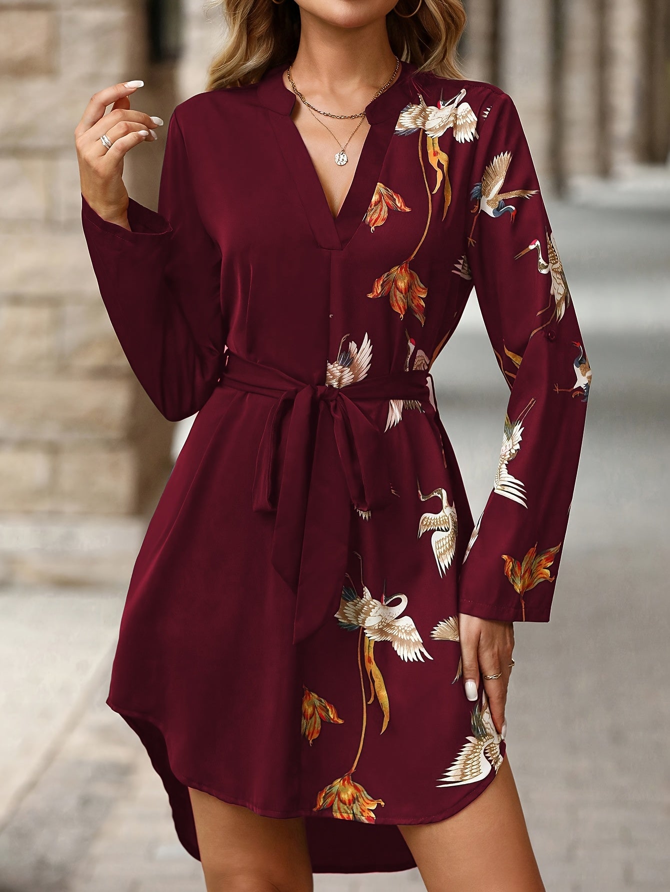 Elegant Women'S V-Neck Dress with Vibrant Bird & Floral Print - Casual A-Line Style, Long Sleeve, Polyester, Green with Golden Accents, Perfect for All Seasons