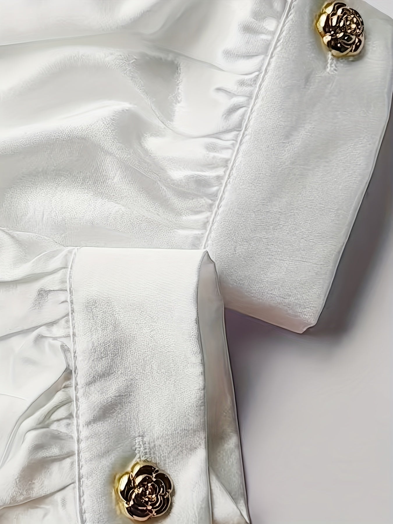 Women's Elegant Solid Color White Satin Blouse with Golden Button Details - Long Sleeve, Large Lapel Collar, Non-Sheer, Machine Washable, All-Season Casual Wear, Ladies Blouses