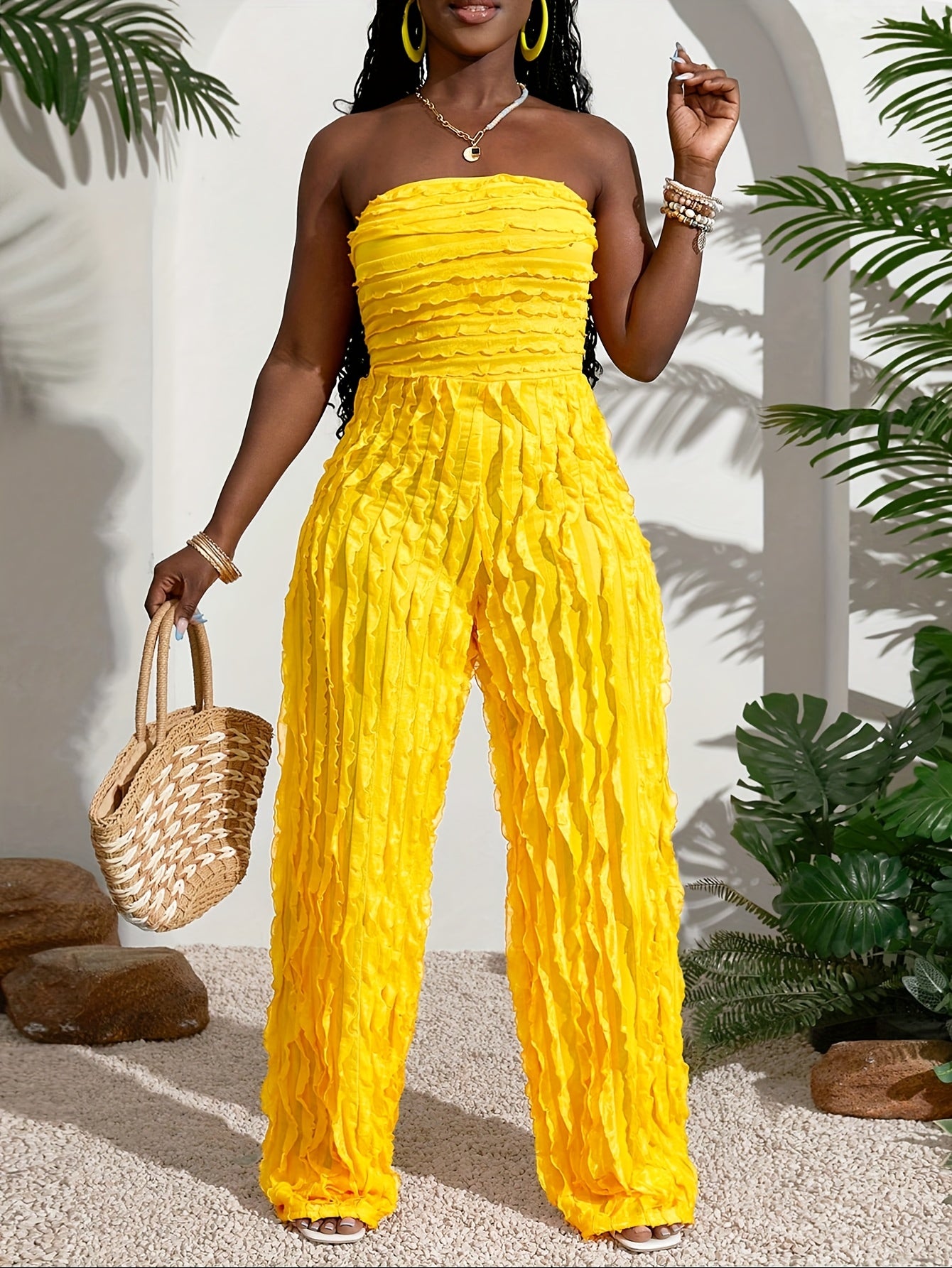 Women's Stylish Off-Shoulder Ruched Jumpsuit - Bright Yellow, Casual Summer Outfit, Machine Washable, Loose Fit with Gathered Detail, Perfect for Beach or Tropical Getaways, Beach Outfit | Wideleg Pants | Gathered Detailing,