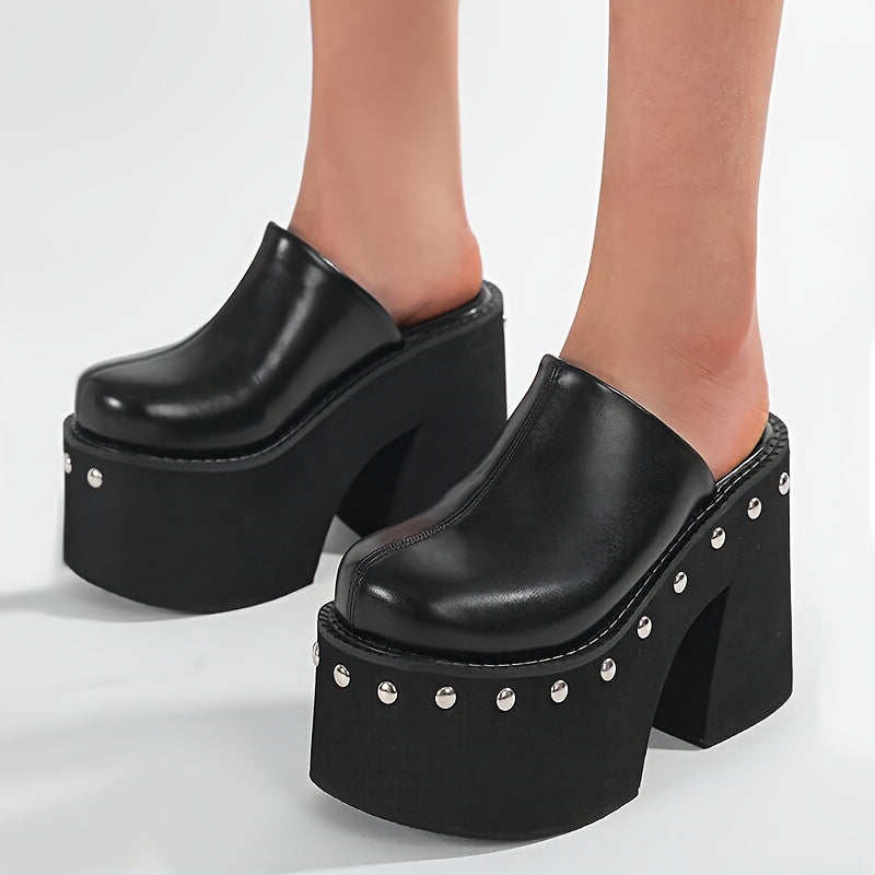 Women's Black Platform Wedge Sandals with Metallic Studs, Round Toe Slip-On High Heels - Stylish Summer Fashion Shoes for Parties and Events