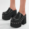Women's Black Platform Wedge Sandals with Metallic Studs, Round Toe Slip-On High Heels - Stylish Summer Fashion Shoes for Parties and Events