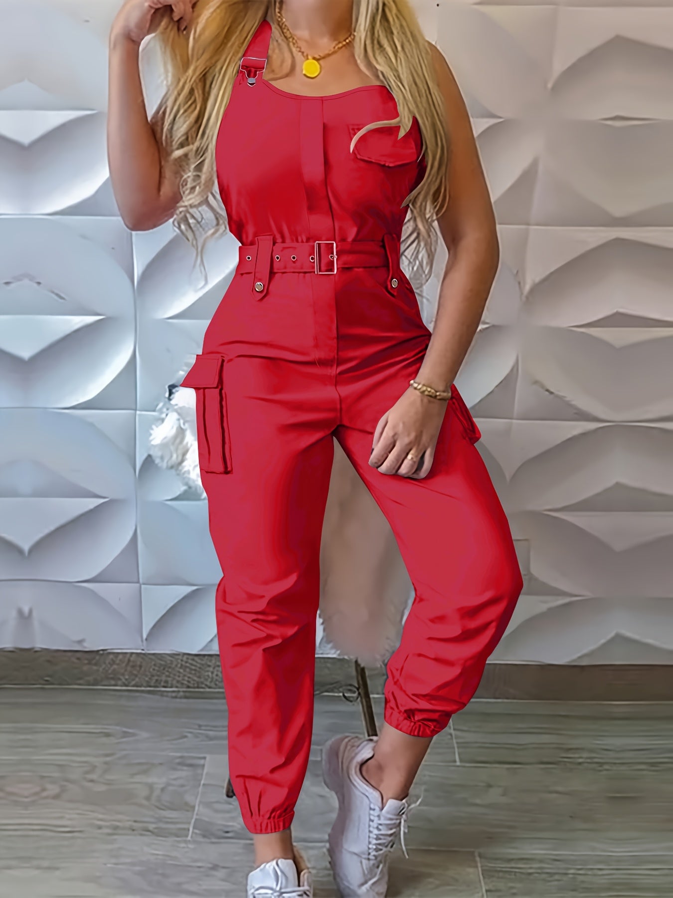 Solid Flap Pocket Cargo Jumpsuit with Belted Detail, Sleeveless Women's Casual Jumpsuit