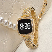 1pc Elegant Square LED Chronograph Watch with Sparkling Rhinestones - Stainless Steel Band, Digital Display, Non-Rechargeable Battery, Perfect for Daily Decor, Everyday Accessory|Elegant Watch Design|Durable Watch Band, Squar