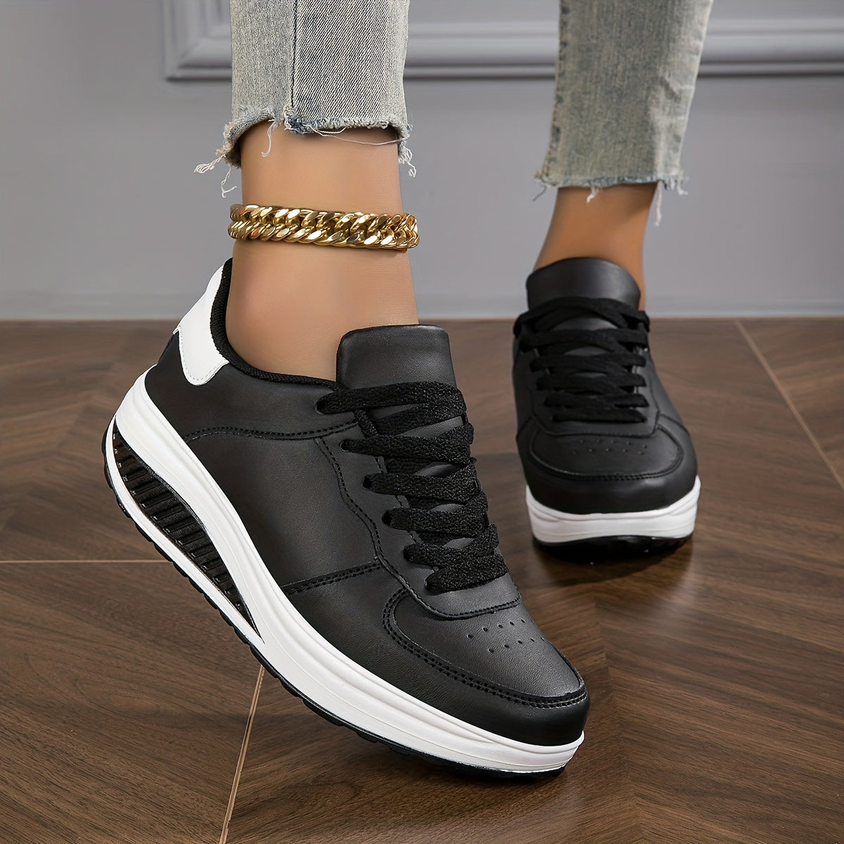 Women's Fashionable Rocker Sneakers - Breathable, Non-Slip Thick Sole Casual Shoes in Brown with White Sole Accents, Lace-Up Low Tops, Stain-Resistant, All-Season Wear