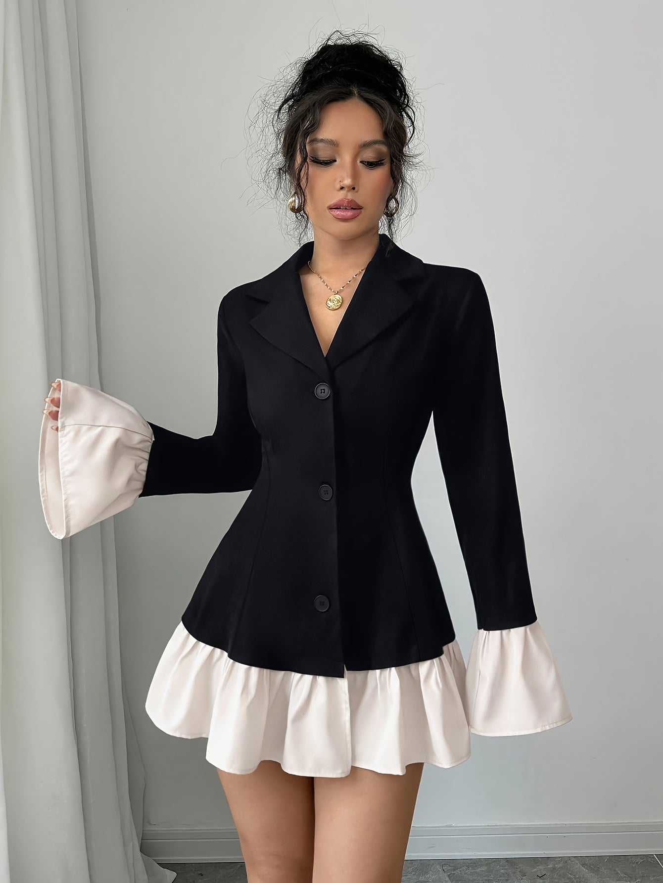 Women's Elegant Black & White Contrast Tailored Blazer Jacket with Notched Lapel, Ruffle Sleeve & Single-Button Closure - X-Silhouette Machine-Washable Spring/Fall Outerwear, Semiformal Attire | Pocketside Design | Sophistica