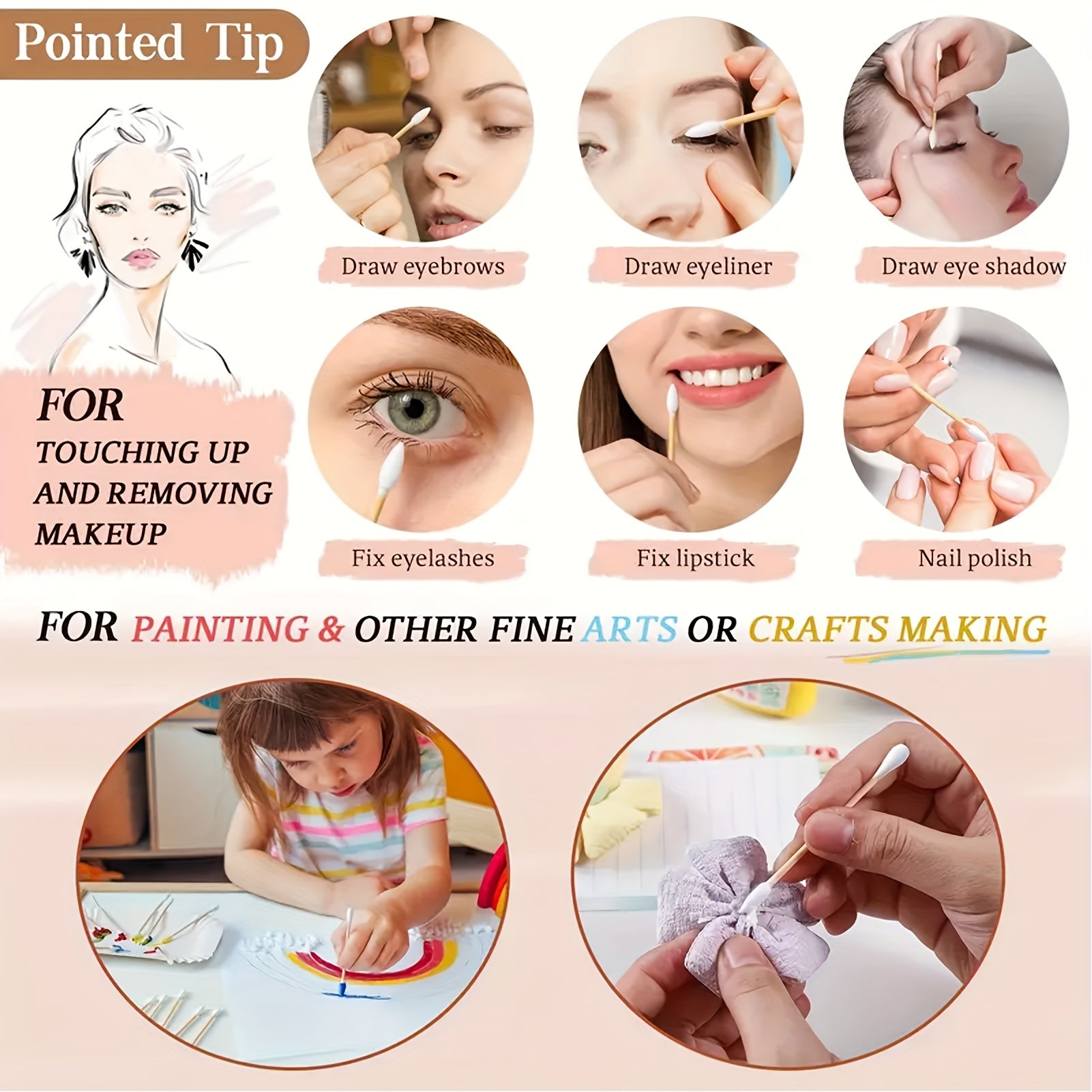 500pcs Natural Cotton Swabs with Thick Spiral Tips & Solid Fungus Sticks - Pointed Round Design for Precise Cleaning, Unscented, Individually Packaged in Clear Plastic Containers